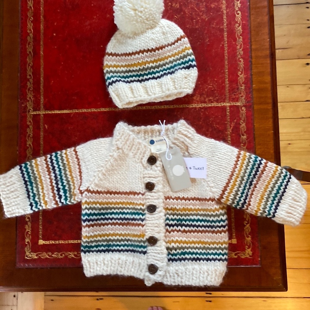 The Blueberry Hill Rainbow Stripe Cardigan and Hat, NWT